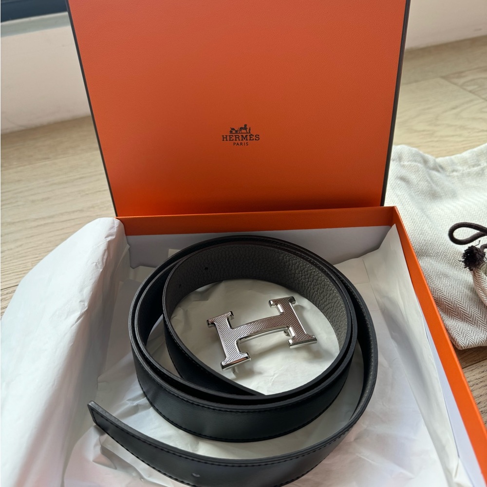 Hermes Black and Gray Leather Belt with Silver Buckle